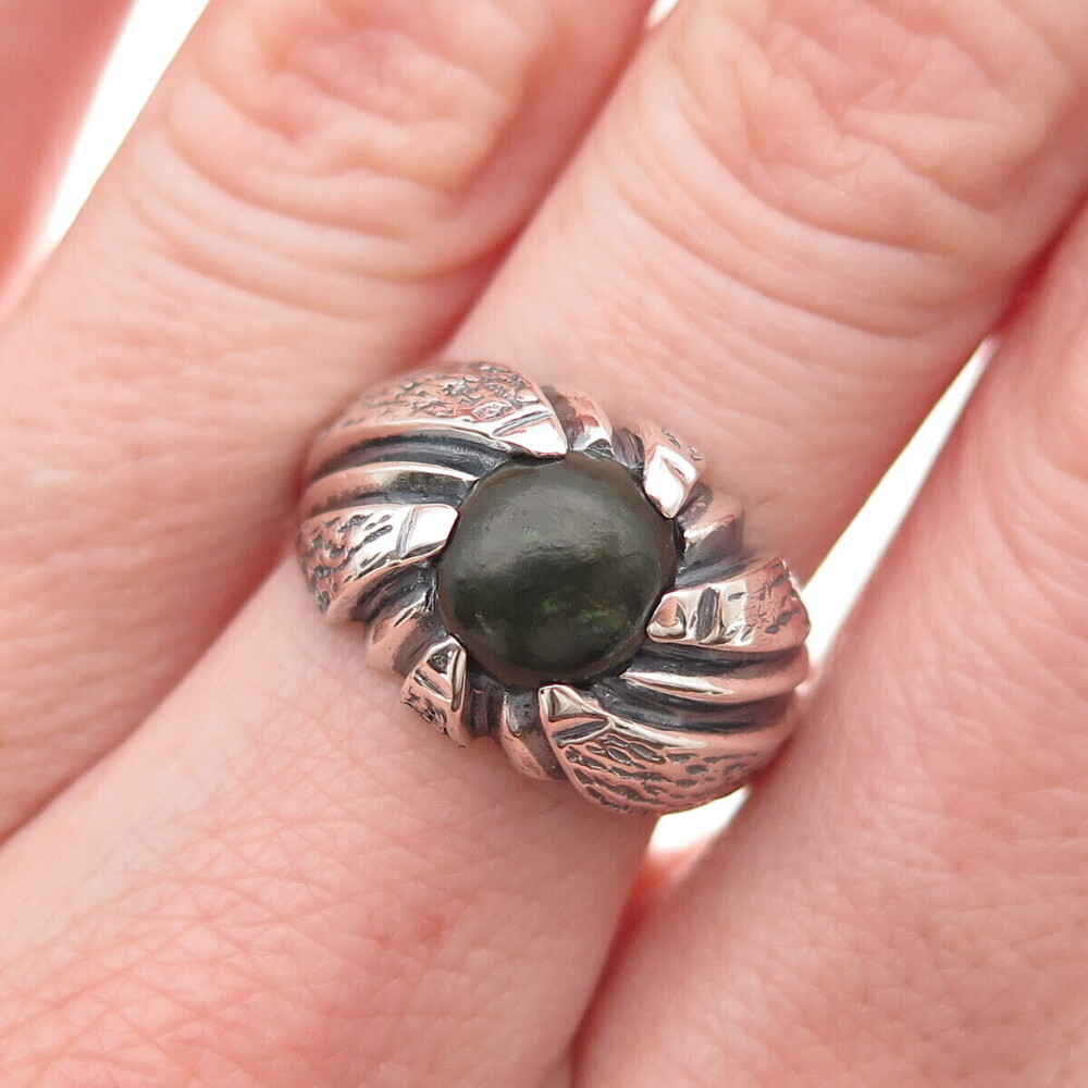 925 Sterling Silver Vintage Real Jade Modernist Oxidized Ring Size 6.5